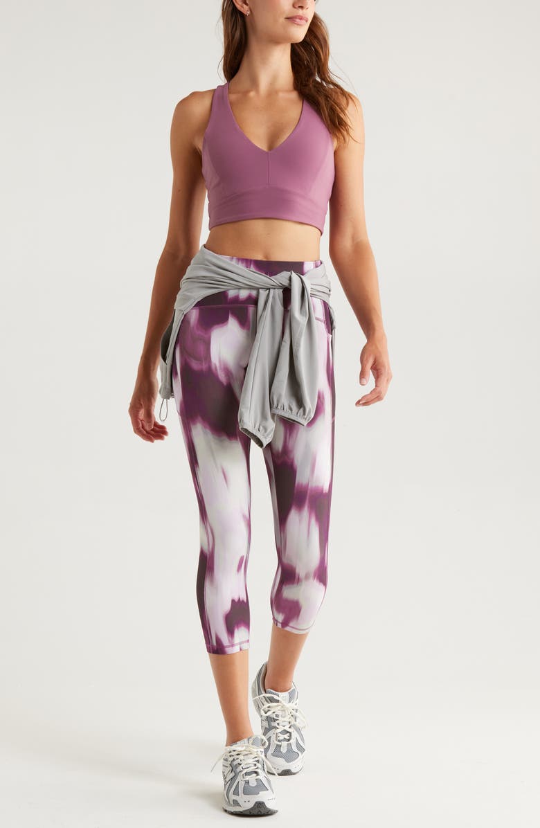 Zella Studio Luxe Print High Waist Pocket Crop Leggings, Alternate, color, Purple Diffused Petals