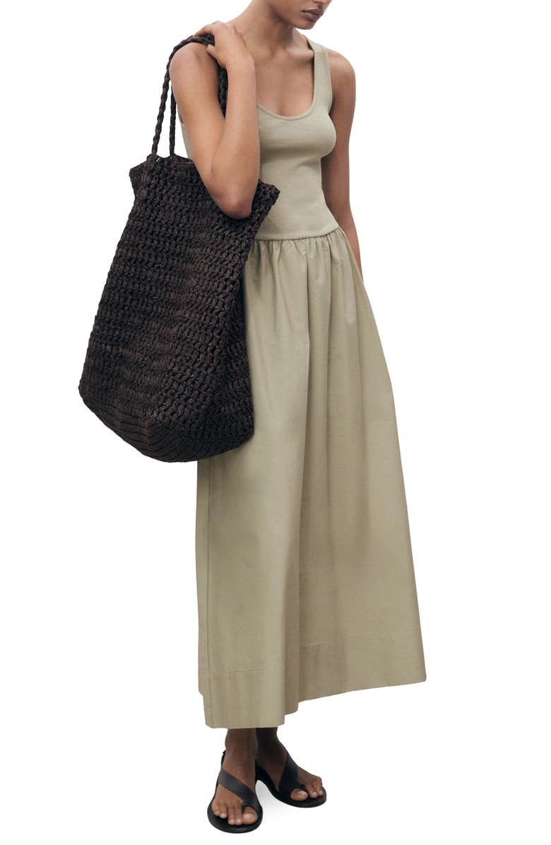 MANGO Mixed Media Fit & Flare Maxi Dress, Main, color, Khaki Green