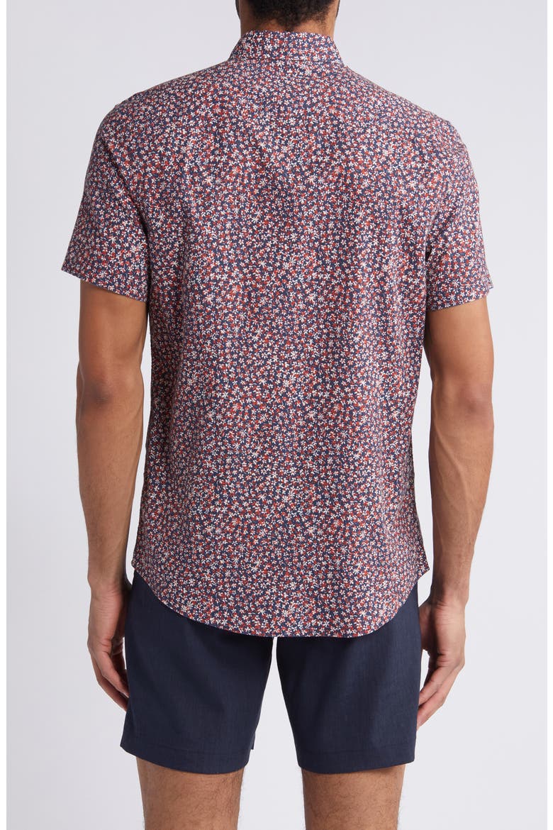 Trim Fit Floral Short Sleeve Stretch Cotton & Linen Button-Down Shirt, Alternate, color, NAVY- RED FLORAL CONTRAST