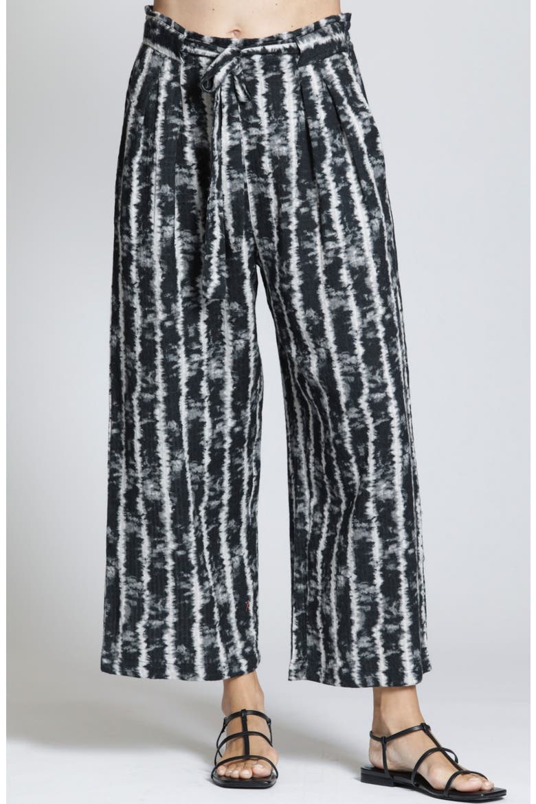 Tie Dye Stripe Crop Wide Leg Cotton Blend Drawstring Pants, Main, color, BLACKWHITE