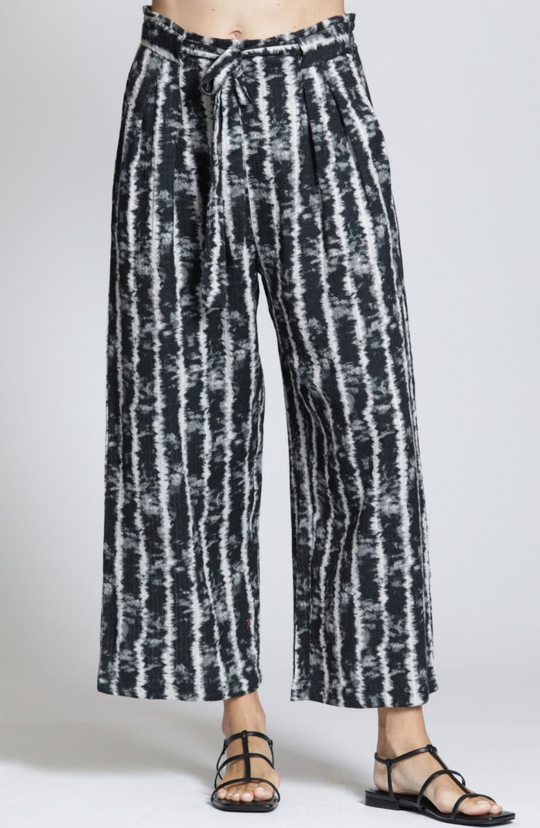 APNY Tie Dye Stripe Crop Wide Leg Cotton Blend Drawstring Pants, Main, color, Blackwhite