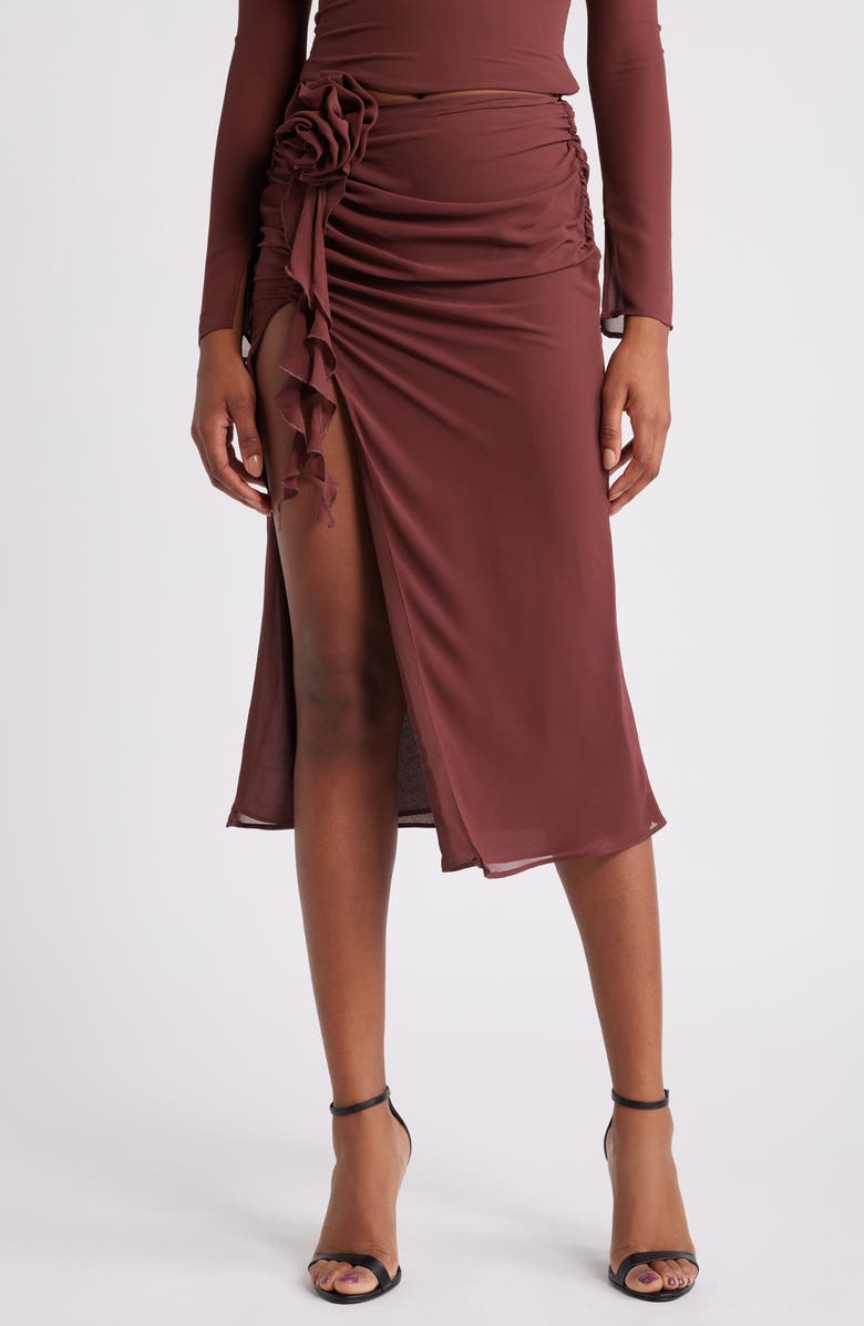 Mistress Rocks Lace Trim Stretch Satin Miniskirt, Main, color, Sangria