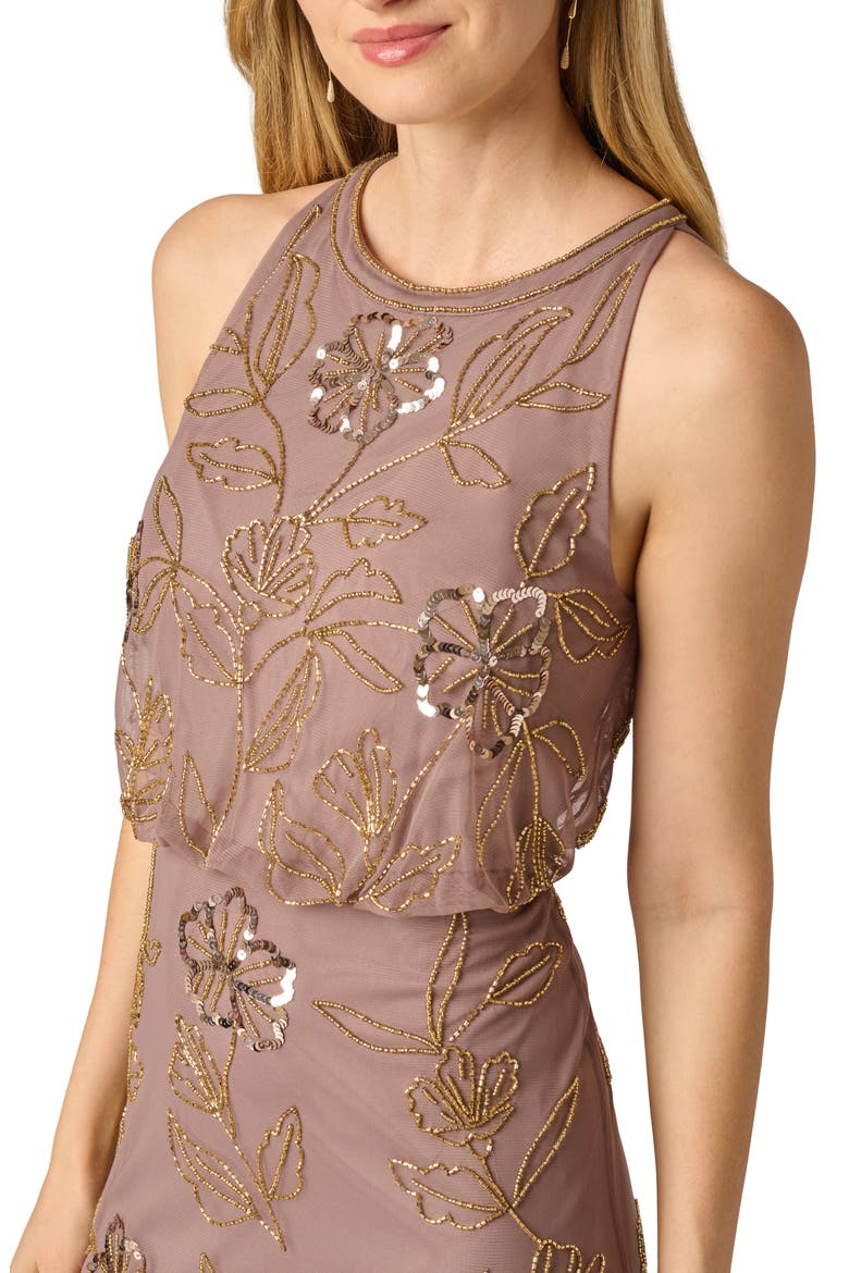 Beaded Floral Sleeveless Blouson Bodice Gown, Alternate, color, STONE