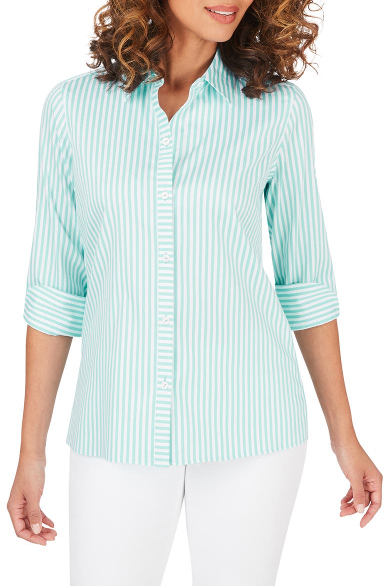 Morgan Stripe Non-Iron Button-Up Cotton Blend Shirt, Main, color, CREME DE MINT