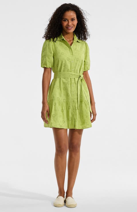 Elbow Sleeve Eyelet Knee Length Shirt Dress