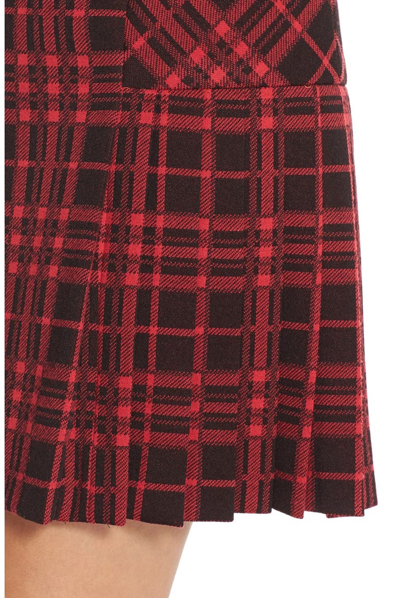 Pleat Plaid Jacquard A-Line Dress, Alternate, color, LIPSTICK/ BLACK