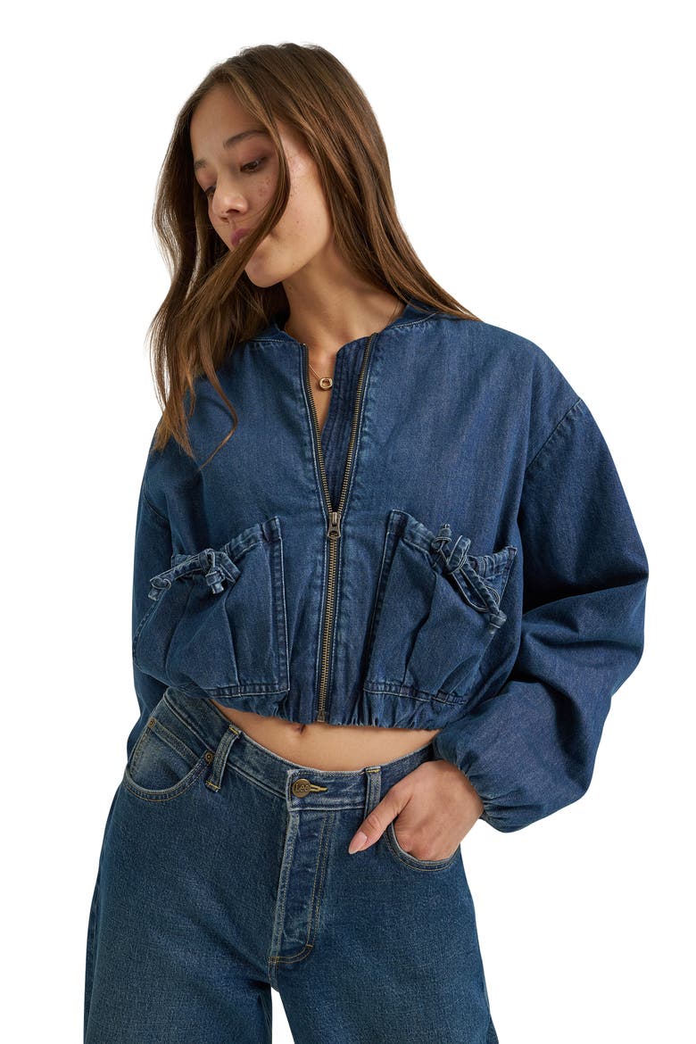 Oversize Bubble Hem Denim Bomber Jacket, Alternate, color, MID PACIFIC