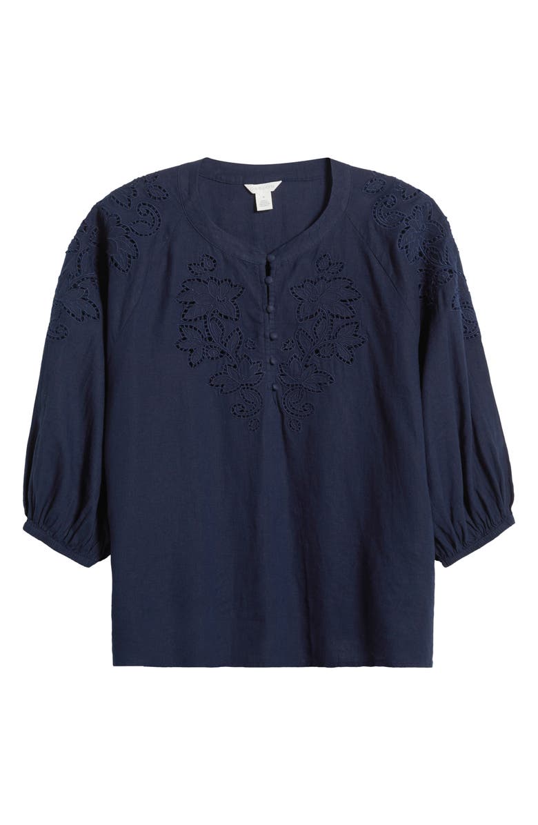 Caslon<sup>®</sup> Embroidered Cutwork Split Neck Linen Blend Popover Top, Alternate, color, Navy Blazer