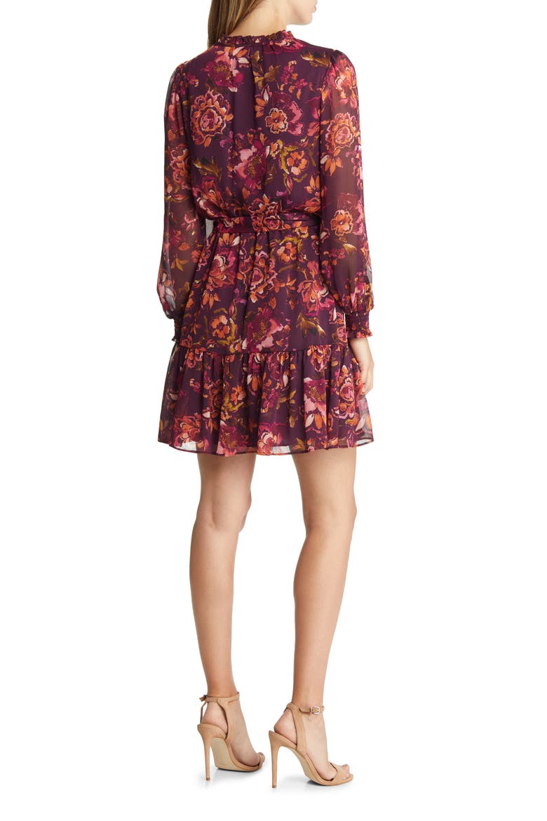 Floral Long Sleeve Chiffon Fit and Flare Dress, Alternate, color, WINE
