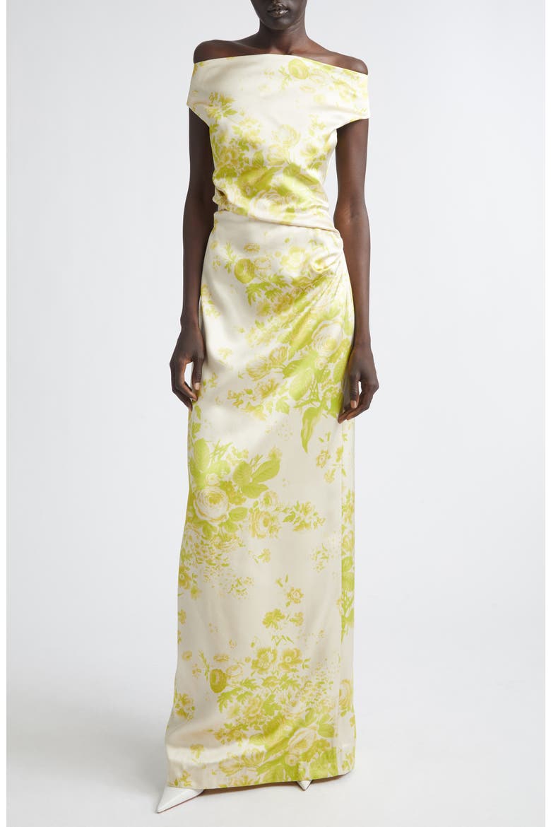 Floral Print Duchesse Satin Off the Shoulder Gown, Main, color, ROSE BOUQUET CHARTREUSE