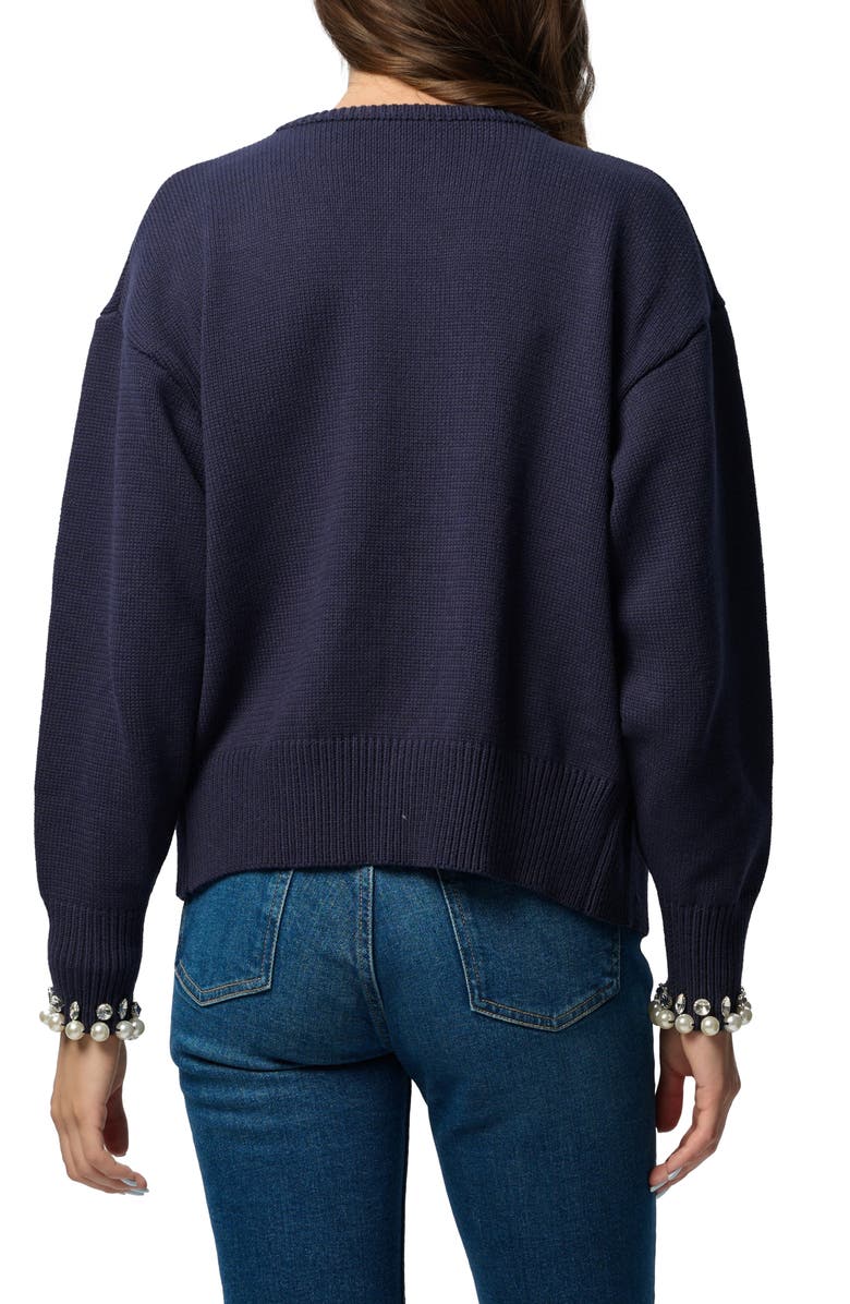 SAACHI Faux Pearl & Crystal Cardigan, Alternate, color, Navy