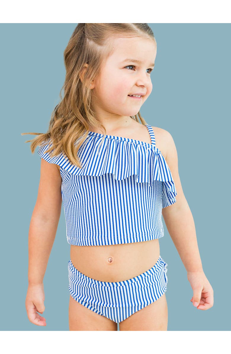 RuffleButts UPF50+ Sun Protected Seersucker One Shoulder Ruffle Tankini 2-Piece Swimsuit, Alternate, color, Blue Seersucker