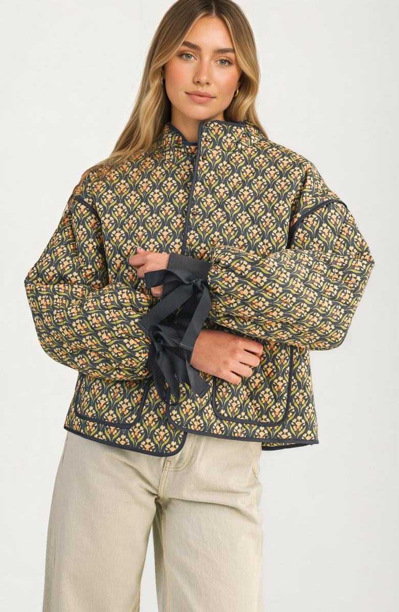 Knit and Lounge Floral Quilted Ribbon Open Front Jacket, Main, color, 
