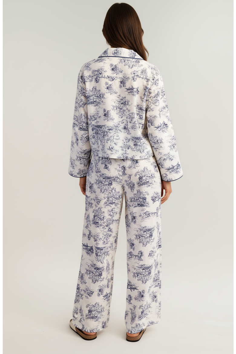 Printed Button-Up Pajama Set with Contrast Trim and Ribbon Tie, Alternate, color, Toile print