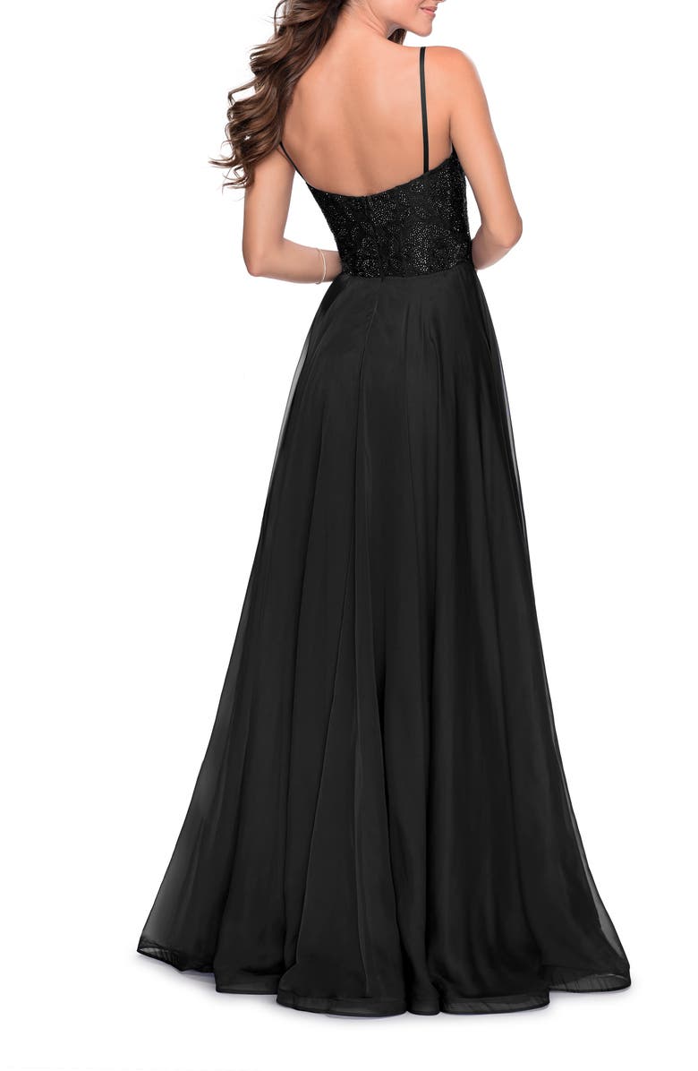La Femme Chiffon Prom Dress with Sheer Floral Lace Bodice, Alternate, color, Black