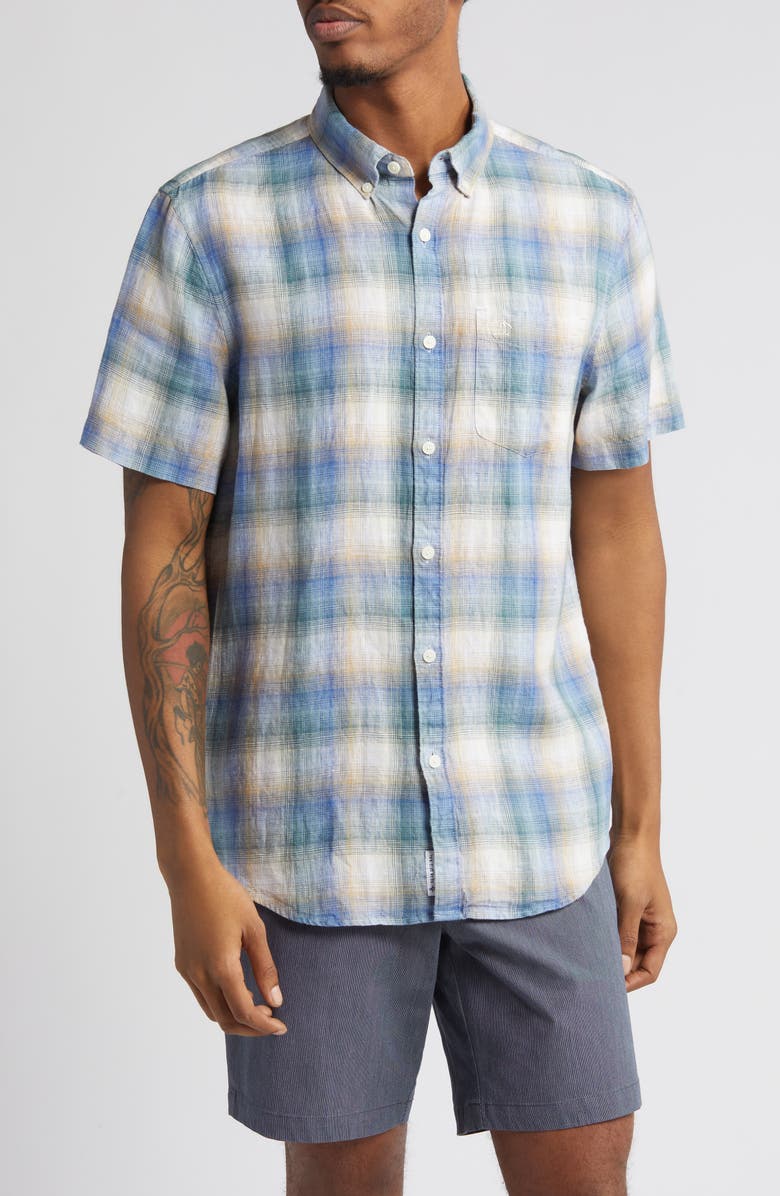Original Penguin Delave Plaid Short Sleeve Linen Button-Down Shirt, Main, color, Tourmaline
