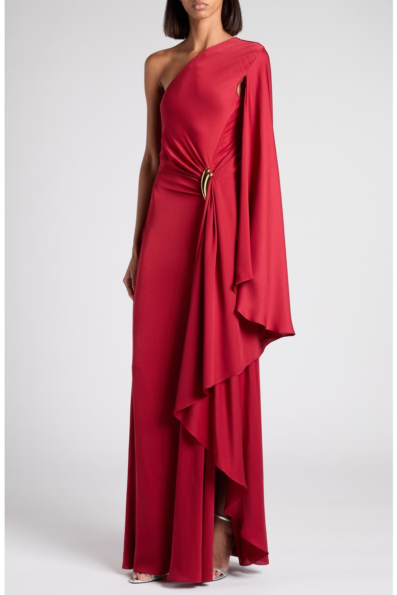 One-Shoulder Belt Detail Silk Satin Gown, Alternate, color, ER402 CRIMSON