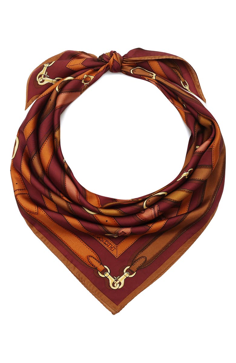 COACH Multi Belt Print Silk Square Scarf, Alternate, color, Dark Wine/ Multi