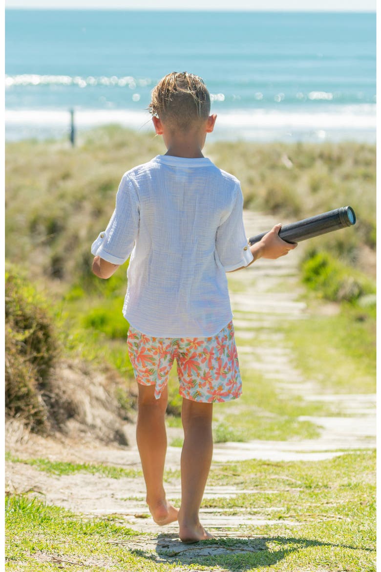 Kids' Luau Swim Trunks, Alternate, color, CORAL MULTI