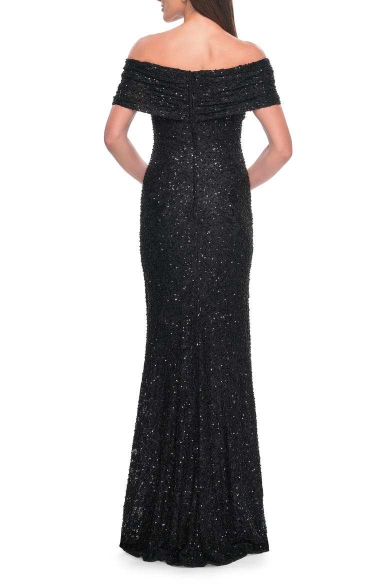 Off the Shoulder Ruched Beaded Lace Evening Gown, Alternate, color, Black