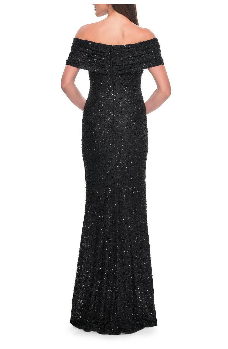 La Femme Off the Shoulder Ruched Beaded Lace Evening Gown, Alternate, color, Black