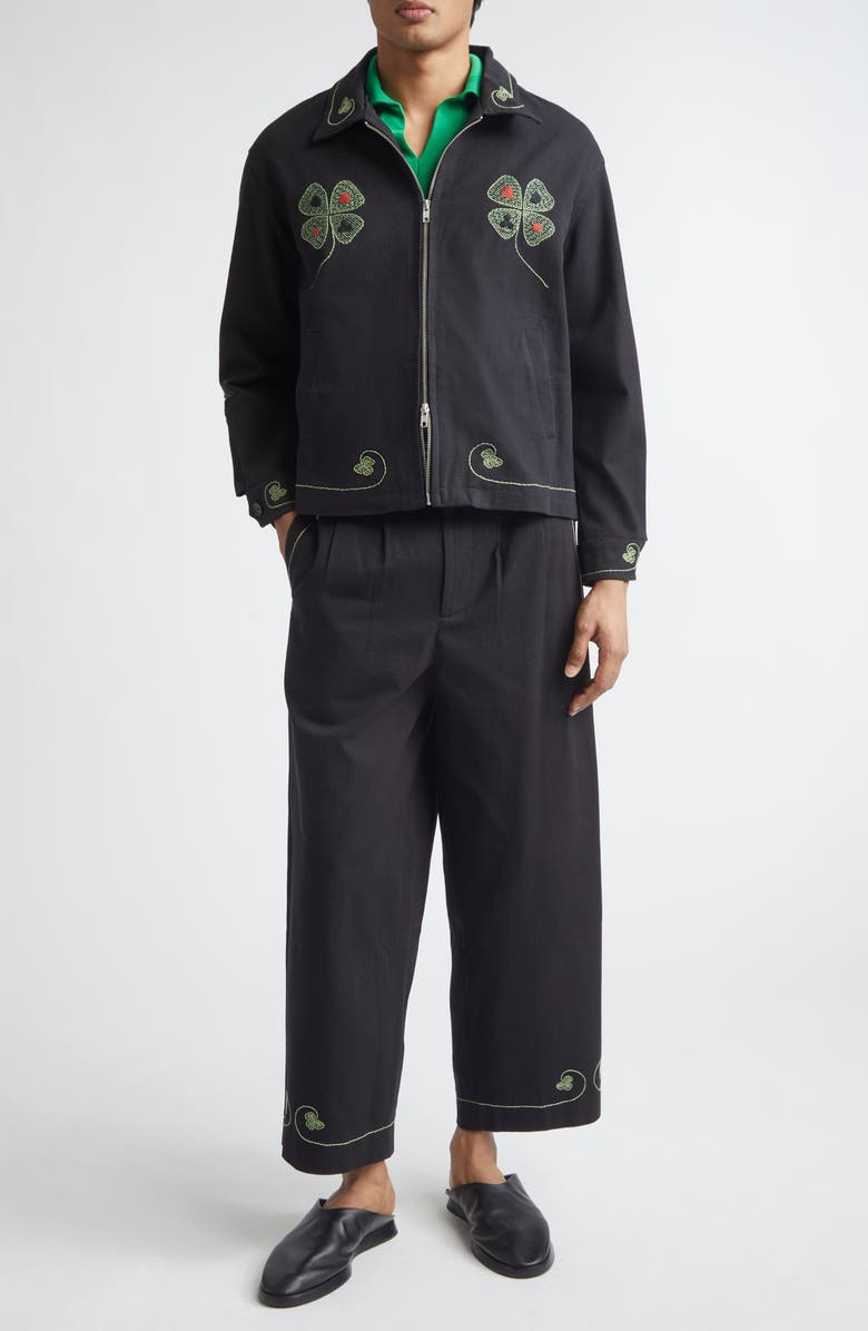 Bode Lucky Draw Embroidered Cotton Twill Wide Leg Ankle Pants, Alternate, color, Black