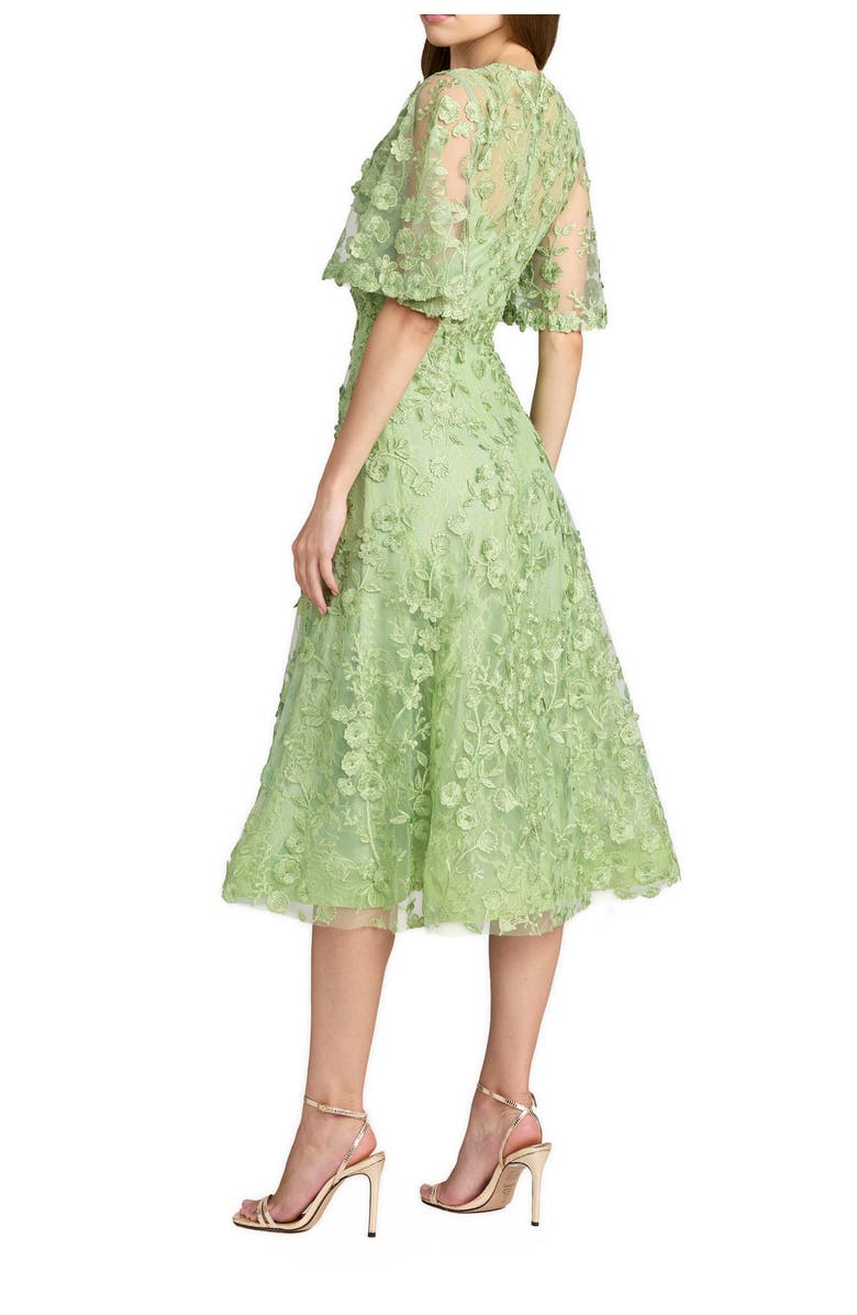 Mac Duggal Floral Embroidered Mesh Midi Dress with Sleeves, Alternate, color, Sage