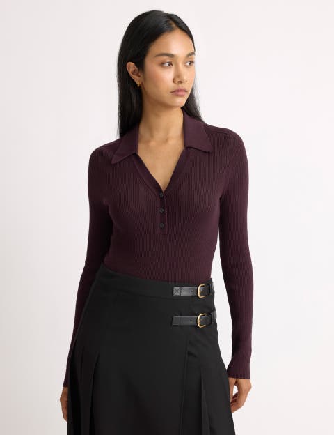 Rib Collard V-Neck Long Sleeve Top