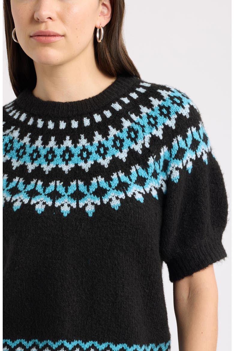Fair Isle Short Sleeve Sweater, Alternate, color, BLACK- TEAL FAIRISLE