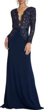 Tadashi Shoji Lace Long Sleeve Cotton Blend Gown