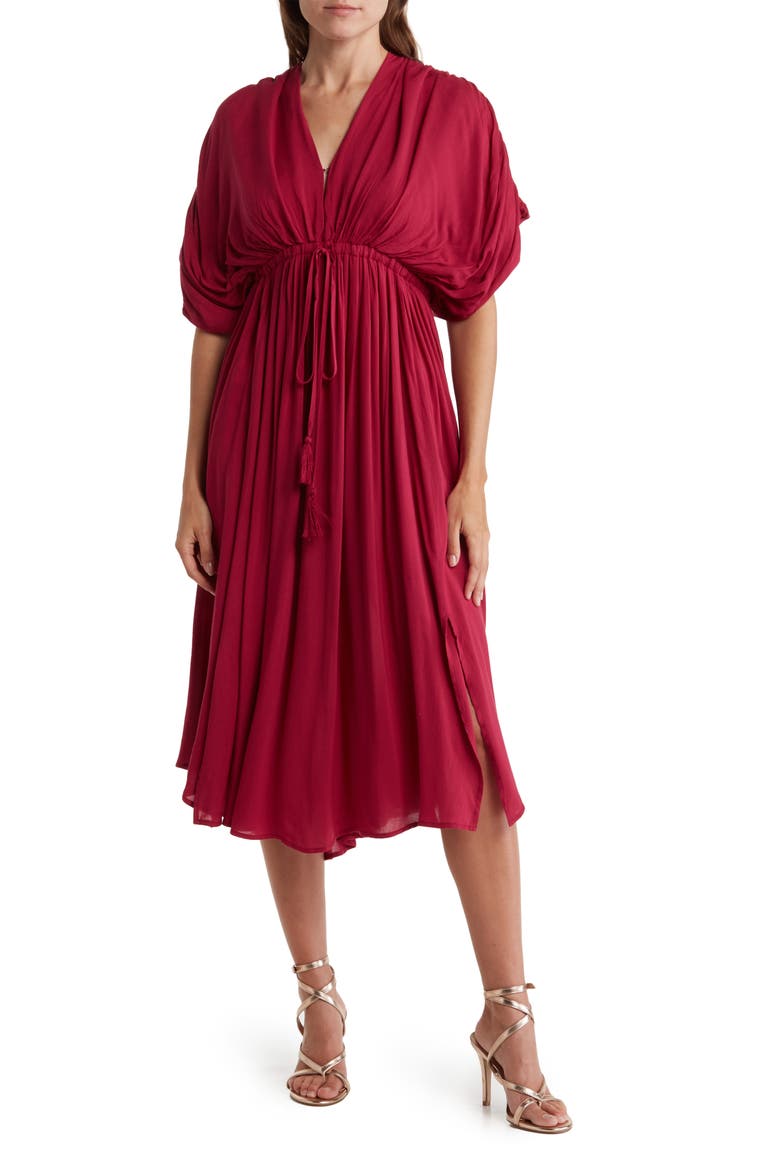 Dolman Sleeve Tie Waist Midi Dress, Main, color, BURGUNDY