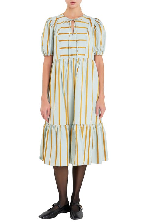 Stripe Puff Sleeve Midi Dress