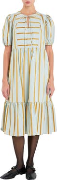 English Factory Stripe Puff Sleeve Midi Dress