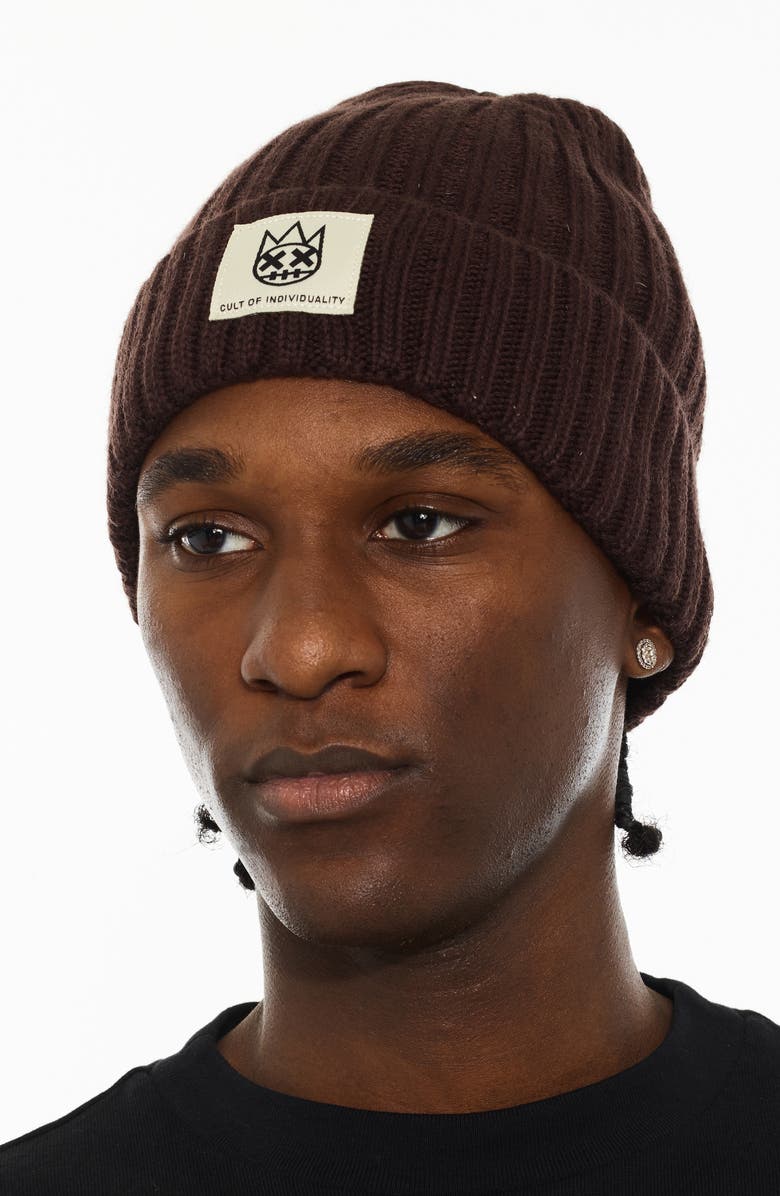 Cult of Individuality Rib Cuff Wool Blend Beanie, Alternate, color, Chocolate