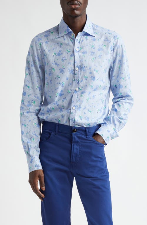 ISAIA Floral Stripe Button-Up Shirt in Medium Blue 