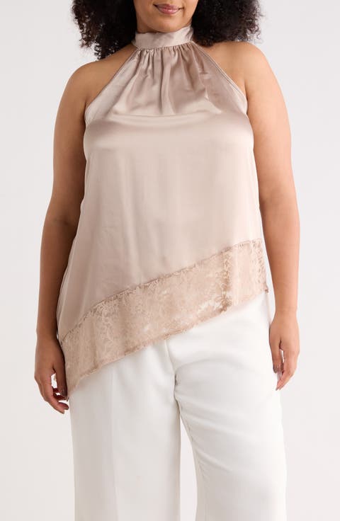 Sleeveless Lace Trim Satin Asymmetric Top (Plus)