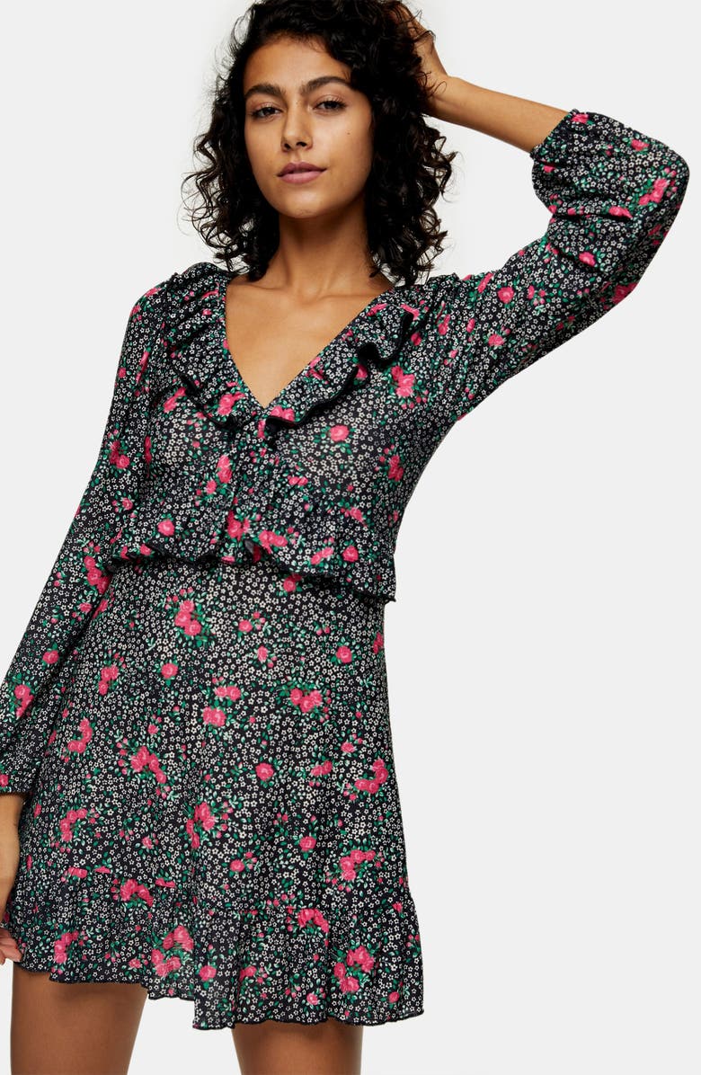 Topshop Double-V Long Sleeve Jersey Minidress, Alternate, color,