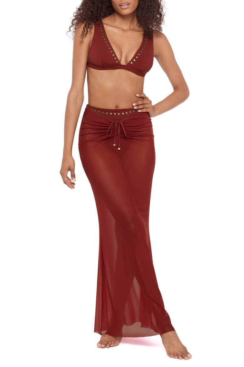 Ruched Sheer Mesh Cover-Up Maxi Skirt, Main, color, SANGRIA