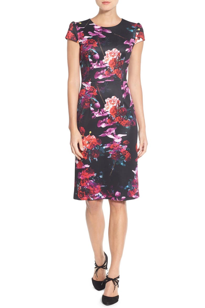 Floral Print Knit Sheath Dress, Main, color, BLACK/ PURPLE MULTI