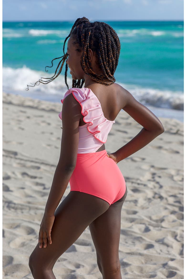 One-Shoulder Cutout Contrast-Trimmed Ruffle One-Piece Swimsuit, Alternate, color, Pink
