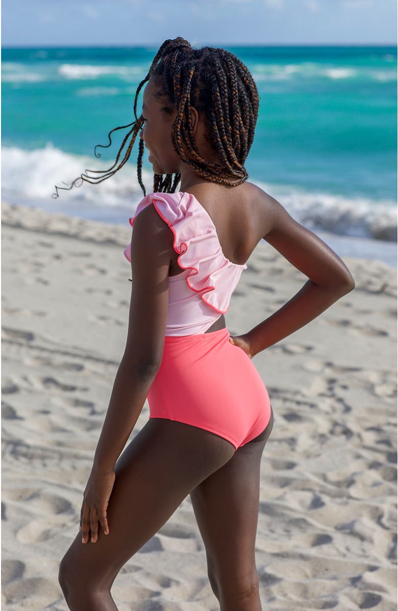 NESSI BYRD One-Shoulder Cutout Contrast-Trimmed Ruffle One-Piece Swimsuit, Alternate, color, Pink