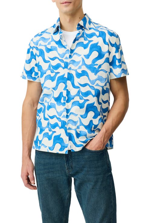 Fireshaw Wave Print Short Sleeve Cotton Button-Up Shirt