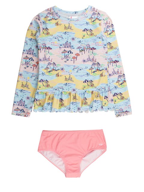 Scallop Hem Long Sleeve Rash Guard 2-Piece Bikini Swimsuit