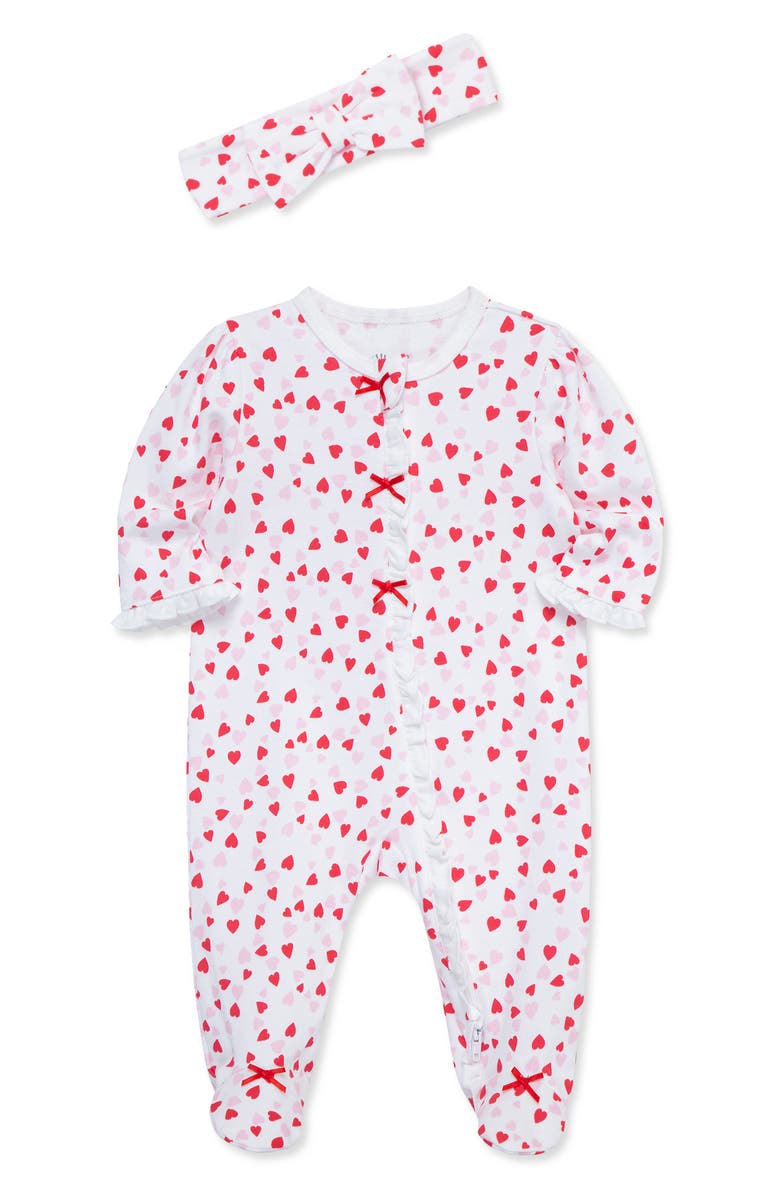Little Me Valentine Heart Cotton Footie & Headband Set, Alternate, color, Red