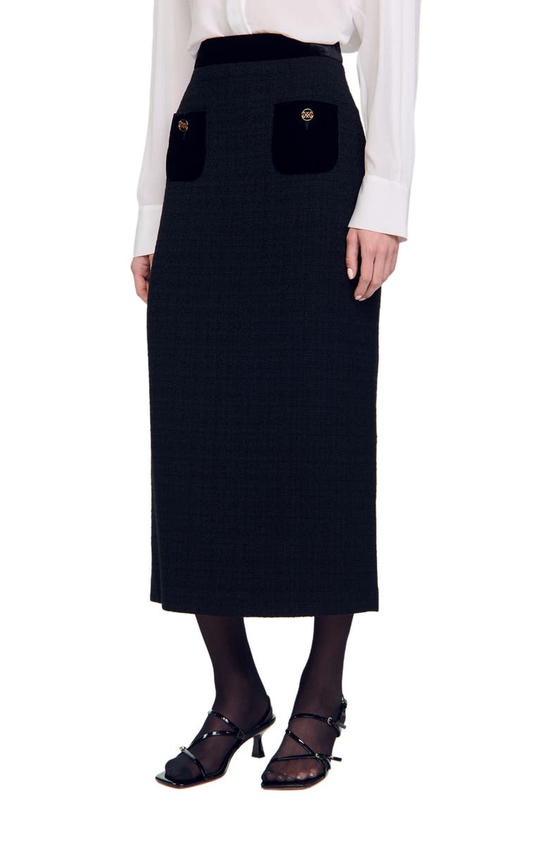 SANDRO Tweed and velvet maxi skirt, Alternate, color, 