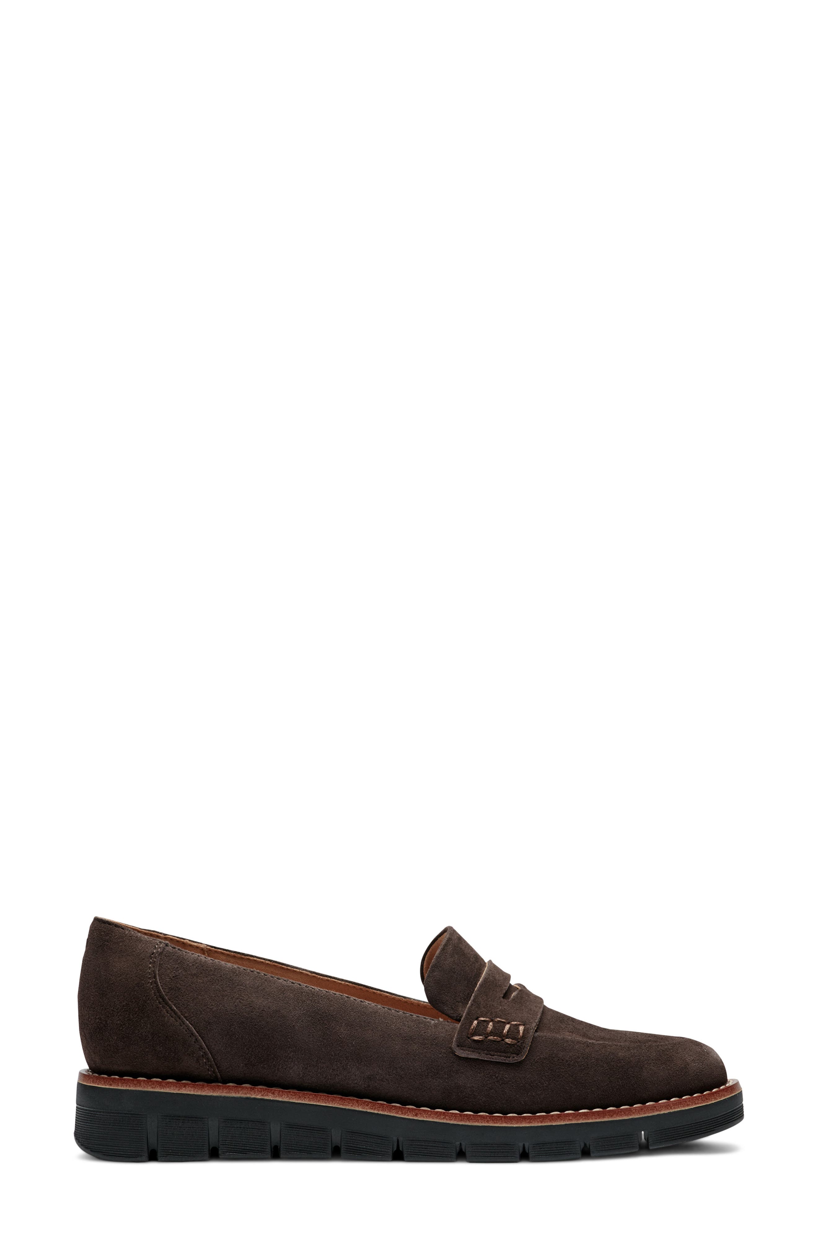 Velia Penny Loafer, Alternate, color, DARK BROWN SUEDE