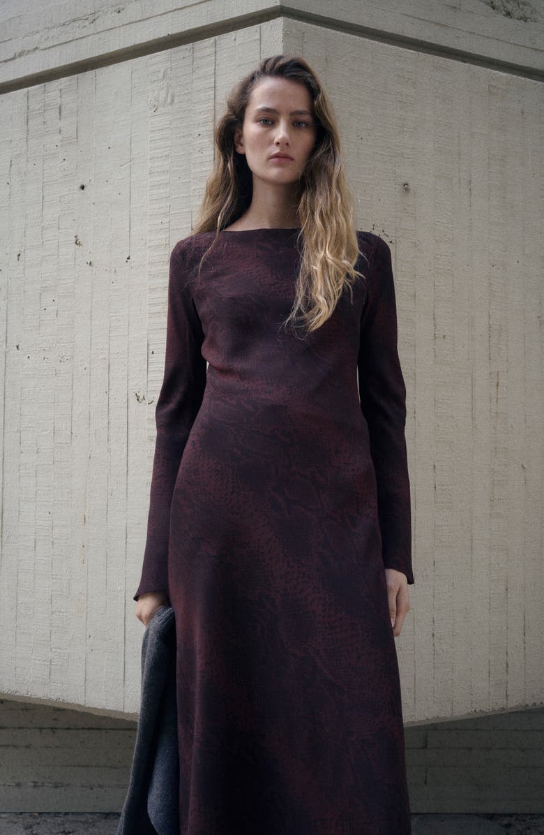 MANGO Animal Print Long Sleeve Maxi Dress, Alternate, color, Burgundy