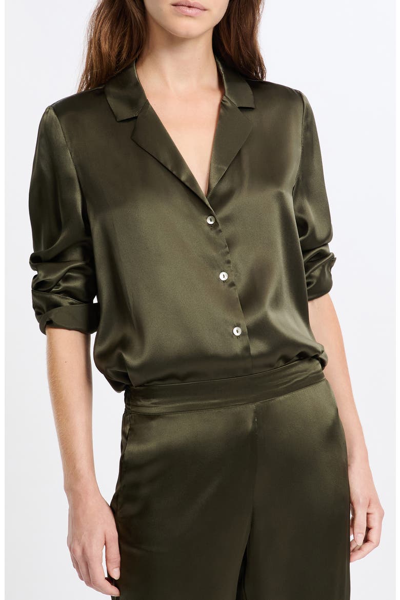 Pearly Silk Chemise Button-Up Pajama Shirt, Main, color, KAKI