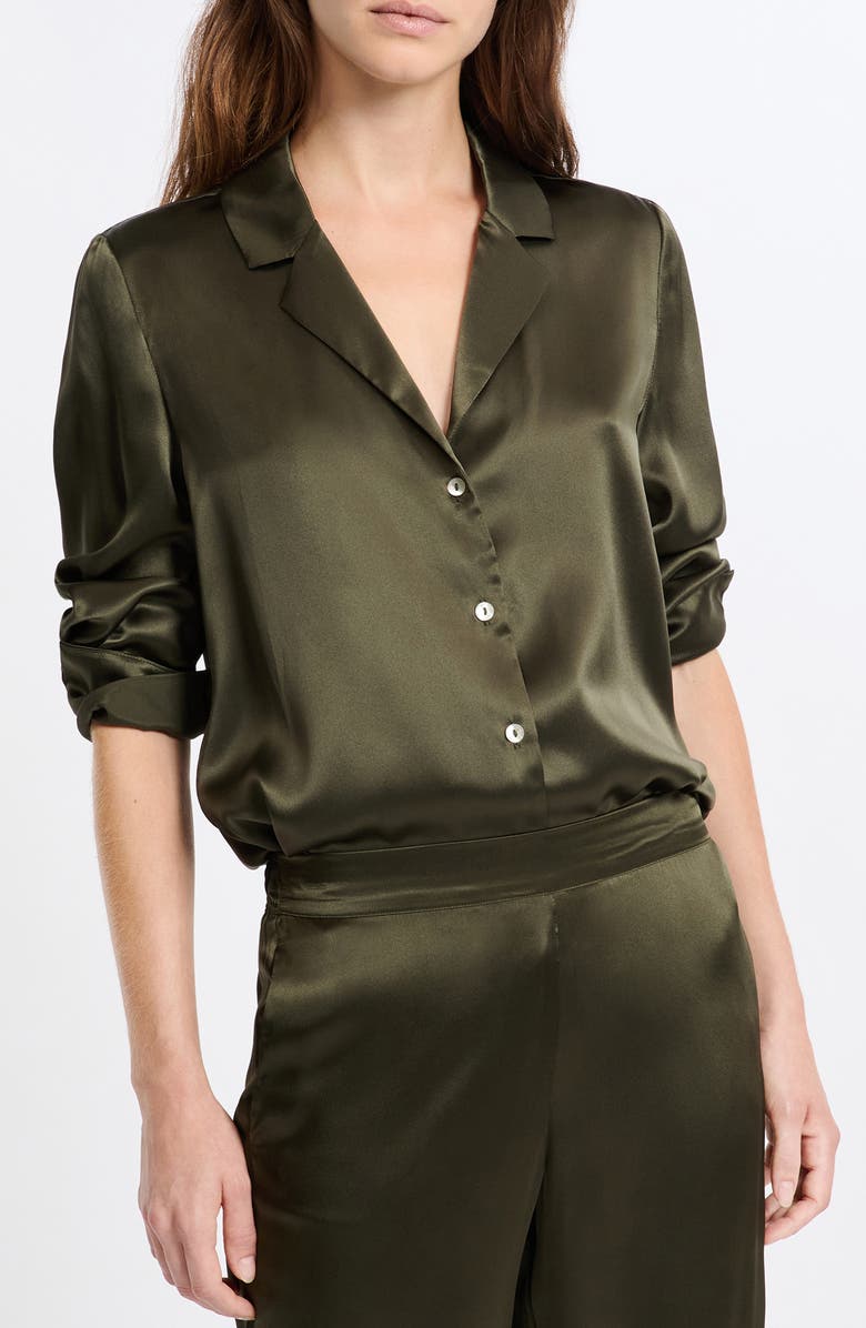 Etam Pearly Silk Chemise Button-Up Pajama Shirt, Main, color, Kaki