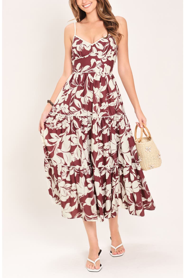 Floral Tiered Cotton Midi Dress, Alternate, color, MAROON
